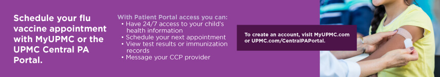 Schedule your flu vaccine appointment with MyUPMC or the UPMC Central PA Portal.