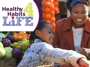 Mom and girl shopping in the produce section