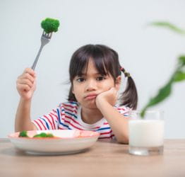 Girl hold a fork with broccolli