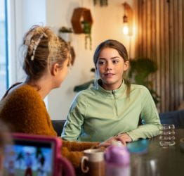 Mom talking to child