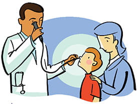 Cartoon image of a doctor looking in a patients throat by doing a laryngoscopy.
