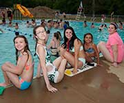 Girls sitting on the side of the swimming pool