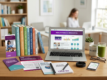 Laptop open on a desk witha woman sitting at a table in the background