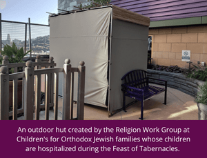 An outdoor hut created by the Religion Work Group at Children's for Orthodox Jewish families whose children are hospitalized during the Fear of Tabernacles.