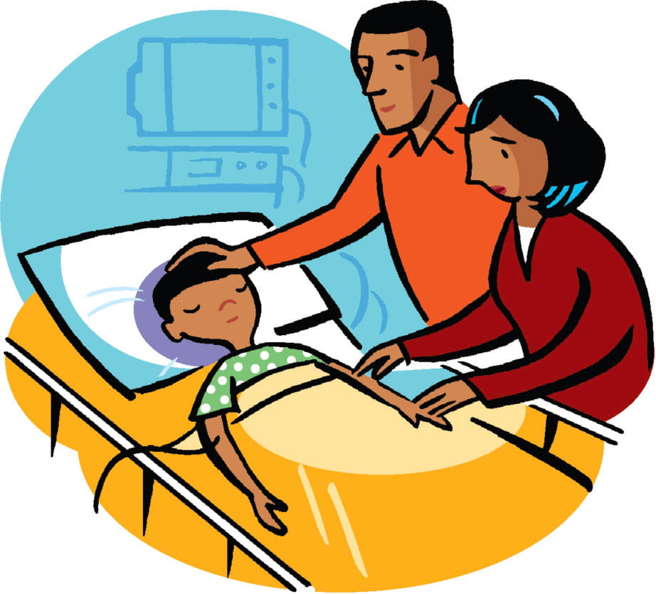 A boy lays in a hospital bed surrounding by his parents. His mother holds his hand, and his father is rubbing his forehead.