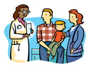 A drawing of a female doctor speaking with a child patient and his parents.