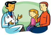 Drawing of a male doctor speaking to a young female patient and her father.