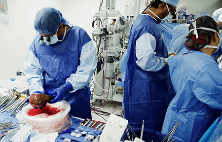 Surgeons prepare donor liver tissue during a live-donor liver transplant surgery.