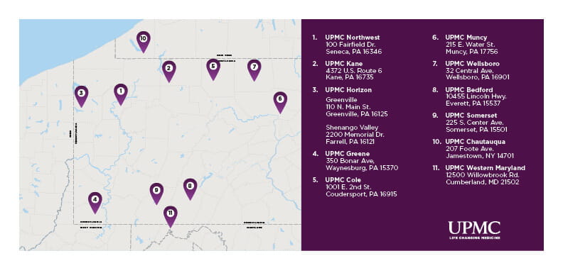 UPMC hospitals in rural counties map and key