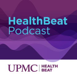 A purple rectangle with blue text that reads HealthBeat Podcast. A white rectangle underneath has purple text and the UPMC HealthBeat logo.