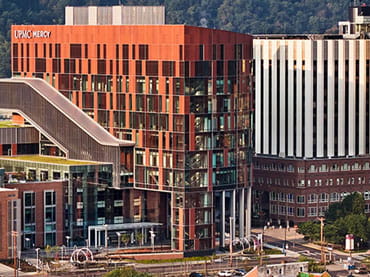 Exterior of UPMC Mercy Hospital in Pittsburgh, Pennsylvania, founded in 1847 by the Sisters of Mercy.