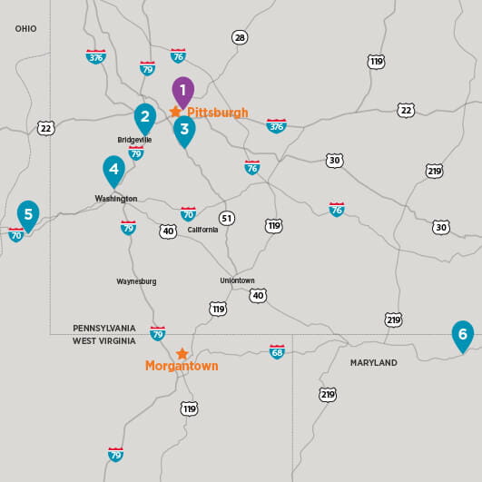 Map of UPMC Children's Hospital locations around southwestern Pa., West Viginia, and Maryland.