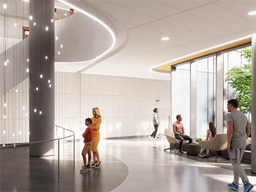 A rendering of the stairway and hallway of the Presbyterian tower. There is a chandelier. On the far wall, there are seating areas next to the windows.