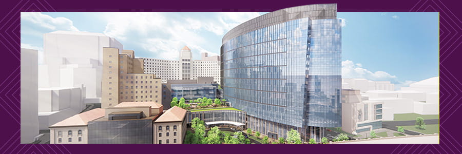 A VR rendering of the UPMC Presbyterian Tower surrounded by a purple border.