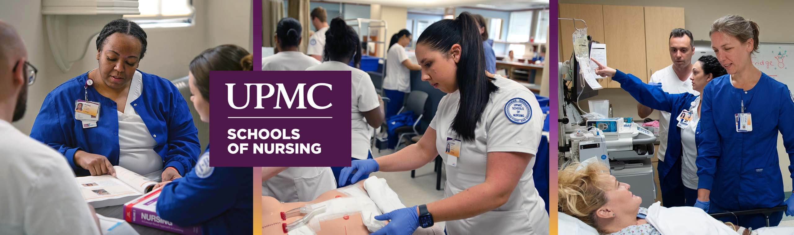 Homepage banner. Images of nurses with UPMC Schools of Nursing logo.