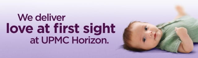 Purple text reading "We deliver love at first sight at UPMC Horizon" over a purple background. 