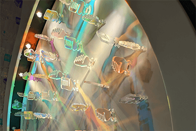 LED lights inside artwork of intersecting ovals.