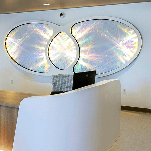 LED lights inside artwork of intersecting ovals representing how the rods and cones within the retina perceive light. Learn more about this installation.