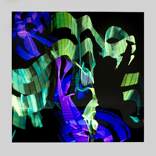 Purple, green, and blue artwork created through movement drawing. Learn more about Drawing With Light by Lori Hepner.