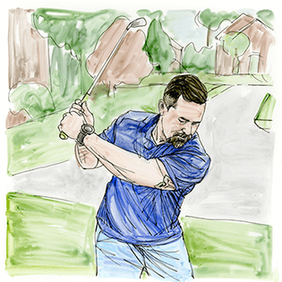 A sketch of a man swinging his golf club.