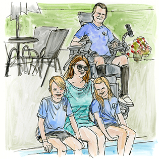 : Andy Reese sits with his wife and sons at the edge of a swimming pool.