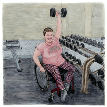 Chelsi Figley sits in a wheelchair and holds a dumbbell over her head.
