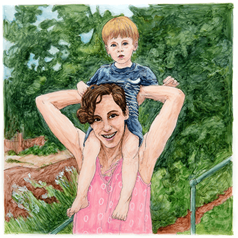 Dana Aravich holds her young son on her shoulders.