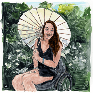 Katie sits wearing a black dress holding a parasol. 