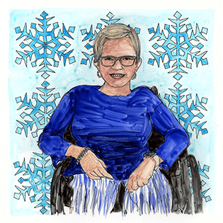 Laurie sits in her wheelchair in front of a background of blue snowflakes.