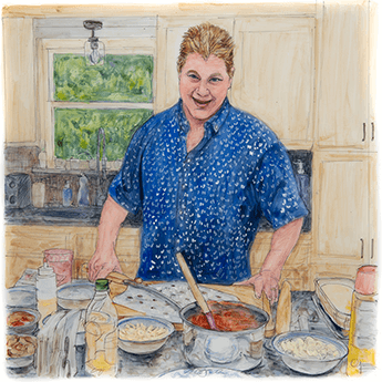 Mark stands in his kitchen with pots, bowls, and bottles in front of him. 