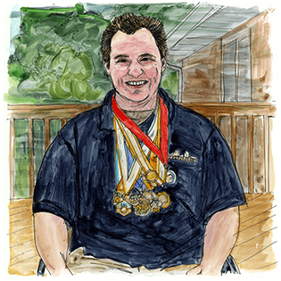  Tom sits outside, smiling at the artist, wearing medals around his neck. 