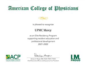 An award that says American College of Physicians recognizes UPMC Mercy as an Elite Residency Program supporting resident education and professional development.