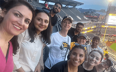 Residents in a stadium.