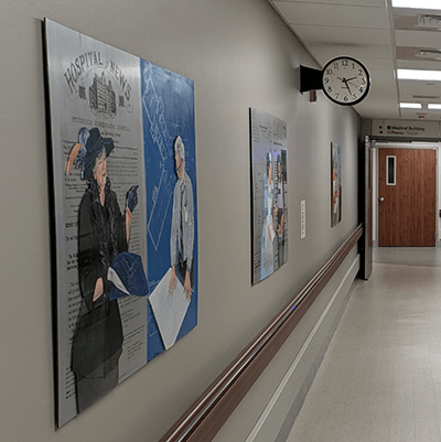 These three artworks by Sandy Kessler Kaminski were inspired by the history of UPMC Shadyside. They connect contemporary community members, health care, and staff with their historic counterparts. 