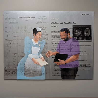 The artwork in this painting depicts a conversation between a nurse from the 1860s with a contemporary nurse. Notice the differences in their clothes and the equipment they are using.  The background of this painting is a silk screen of a historic patient chart and contemporary instructions for patients about an MRI.