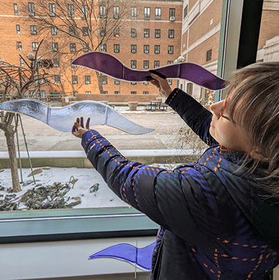 To select the colors, the artist considered what would reference the elements of air, light, and water. She tested glass panels to find the perfect shape and color.