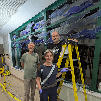 The corridor was quiet at night, but a few patients and staff passed by. The artist was always happy to talk with them about the project and listen to their comments. After several nights, the installation was complete. 