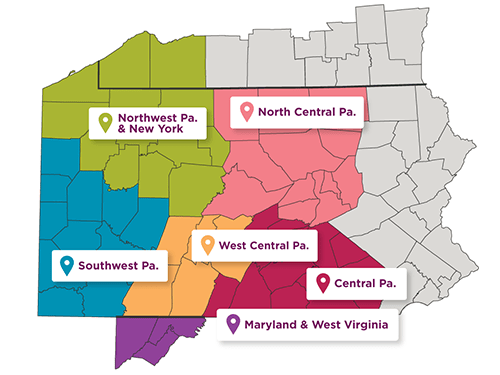UPMC regions map of Pennsylvania, New York, West Virginia, and Maryland.