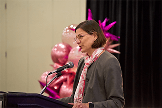 Pictured is keynote speaker Katherine Barton, M.D., breast surgeon and director, Wellness and Integrative Oncology, UPMC Hillman Cancer Center, who discussed the importance of wellness and an integrative approach to breast cancer treatment and survivorship care.