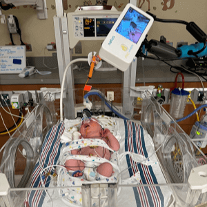 Baby Benjamin Ward at the UPMC Carlisle NICU hours after his birth on April 23, 2024. The Ward family is one of the first families to use NicView.