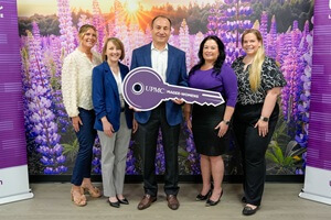 Pictured from left at the key presentation event on Wednesday, May 20, in Camp Hill are Michelle Loomis, director of development, UPMC Pinnacle Foundation; Amanda Curry, executive administration, UPMC Magee Womens & UPMC Western Psychological Associates in Central Pa; David Silver, M.D., reproductive psychiatrist, UPMC Magee-Womens in Central Pa.; Allison Trowell, chief operating officer, UPMC Central Pa.; and Melinda Kauffman, director of operations, UPMC Magee Womens & UPMC Western Psychological Associates in Central Pa.