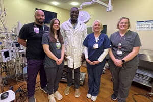 Nolan Clark, Radiation Therapist; Kristina Smith, Lead Radiation Therapist; Najeeb Crossley, M.D, Radiation Oncologist; Amy Wiley, Registered Nurse, Radiation Oncology; and Joie Maney, Manager, Radiation Oncology.