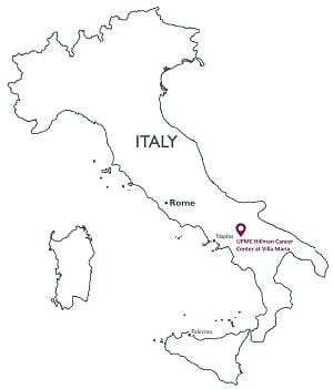 Map of Italy showing location of UPMC Hillman Cancer Center at Villa Maria east of Naples.