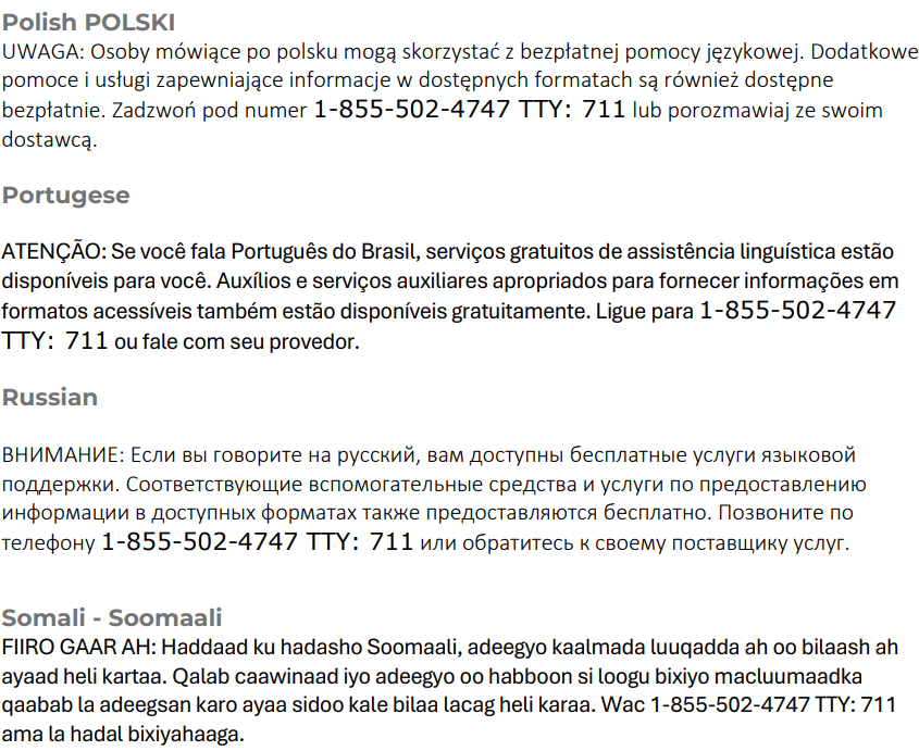 Translated Statements for Notice of Availability of Language Assistance Services and Auxiliary Aids and Services in Polish, Portugese, Russian and Somali.