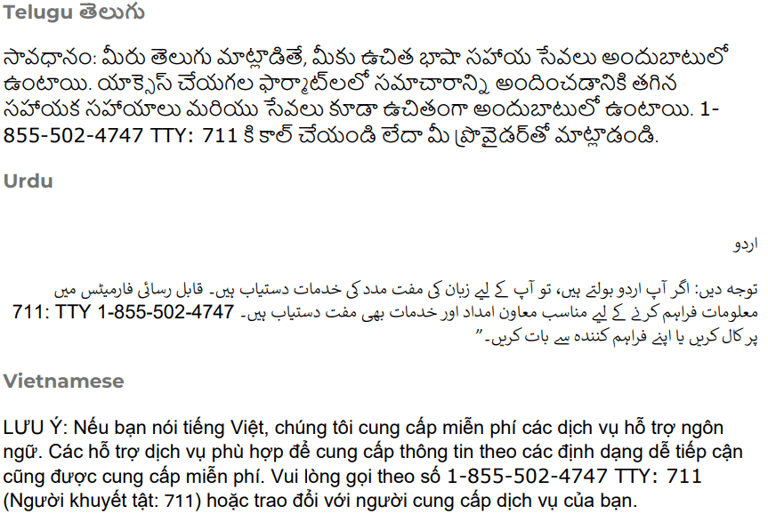 Translated Statements for Notice of Availability of Language Assistance Services and Auxiliary Aids and Services in Telugu, Urdu, and Vietnamese.