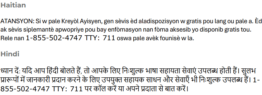 Translated Statements for Notice of Availability of Language Assistance Services and Auxiliary Aids and Services in Haitian and Hindi.