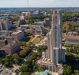 Bird's eye view of the Cathedral of Learning at the University of Pittsburgh in the Oakland neighborhood.