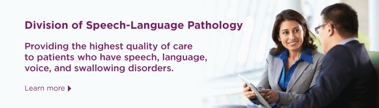 A banner with a picture of a woman pointing to something on a clipboard, showing it to a man. They both were business suits. There is purple text that says "Division of Speech-Language Pathology".