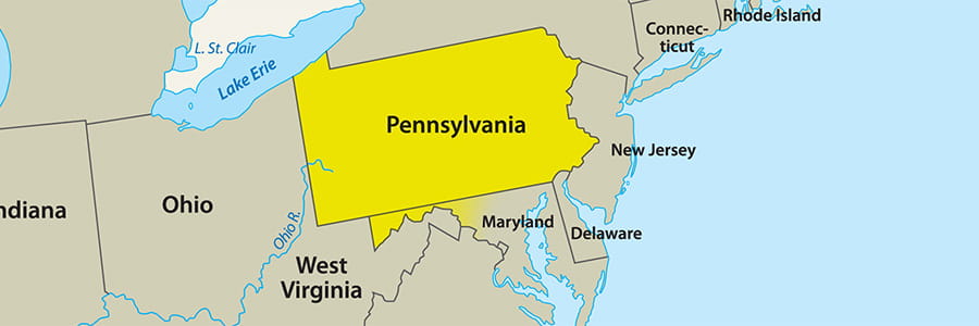 A state map of Pennsylvania, where Pennsylvania is colored in yellow, and the other states, not highlighted, are brown.