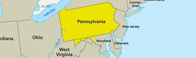 A state map of Pennsylvania, where Pennsylvania is colored in yellow, and the other states, not highlighted, are brown.